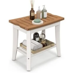 COSTWAY Tabouret Salle De Bain à 2 Niveaux, Petit Tabouret De Douche Imperméable Antidérapant Avec Étagère Rangement, Chaise Banc Salle De Bain Siège De Douche Baignoire Spa Étanche, Marron & Blanc