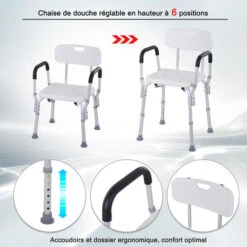 HOMCOM Chaise De Douche Siège De Douche Ergonomique Hauteur Réglable Pieds Antidérapants Charge Max. 135 Kg Alu HDPE Blanc -Wenko || Grohe || HOMCOM Soldes 18252863 5