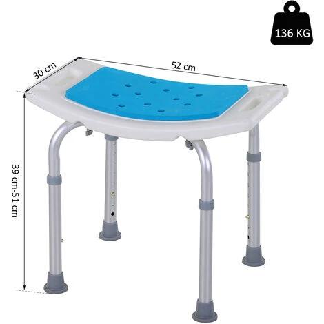HOMCOM Siège De Douche Réglable En Hauteur Tabouret De Douche Ergonomique Pieds Antidérapants Charge Max. 136 Kg Alu HDPE Blanc Bleu 5 HOMCOM Siège De Douche Réglable En Hauteur Tabouret De Douche Ergonomique Pieds Antidérapants Charge Max. 136 Kg Alu HDPE Blanc Bleu – Image 3