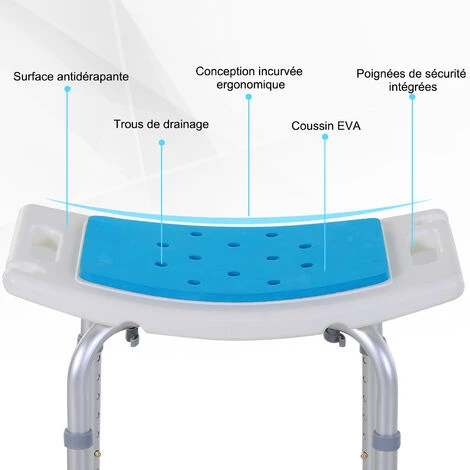 HOMCOM Siège De Douche Réglable En Hauteur Tabouret De Douche Ergonomique Pieds Antidérapants Charge Max. 136 Kg Alu HDPE Blanc Bleu 7 HOMCOM Siège De Douche Réglable En Hauteur Tabouret De Douche Ergonomique Pieds Antidérapants Charge Max. 136 Kg Alu HDPE Blanc Bleu – Image 5