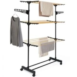 Séchoir à Linge Inox MAXIMA Noir Et Aspect Bois étendoir Pliable H.145 CM