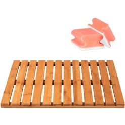 WENKO Caillebotis Bois Bambou, Tapis De Bain Bambou, 50x50 Cm, Lot De 2 éponges Offertes