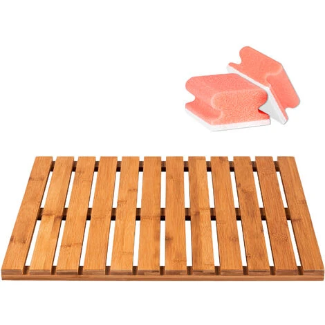 WENKO Caillebotis Bois Bambou, Tapis De Bain Bambou, 50x50 Cm, Lot De 2 éponges Offertes 3 WENKO Caillebotis Bois Bambou, Tapis De Bain Bambou, 50x50 Cm, Lot De 2 éponges Offertes