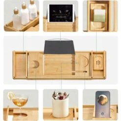 Songmics Pont De Baignoire Extensible, Plateau De Baignoire En Bambou, Rangement Pour Salle De Bain, Support Pour Verre, Livre, Tablette, Porte-savont, (75-109) X 23 X 4,5 Cm, Couleur Boisée BCB88Y -Wenko || Grohe || HOMCOM Soldes 45295370 3