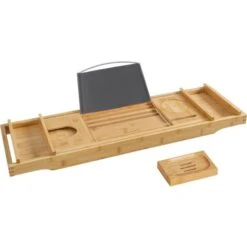 Songmics Pont De Baignoire Extensible, Plateau De Baignoire En Bambou, Rangement Pour Salle De Bain, Support Pour Verre, Livre, Tablette, Porte-savont, (75-109) X 23 X 4,5 Cm, Couleur Boisée BCB88Y -Wenko || Grohe || HOMCOM Soldes 45295370 4
