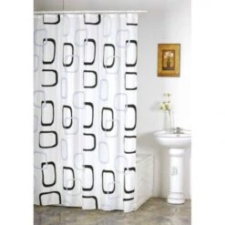 Rideau De Douche Décor Anneaux Noirs Et Gris