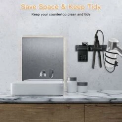 DENUOTOP Sèche-Cheveux Salle De Bain Rangement Porte Accessoires Support Organisateur Ensemble Et Lisseur Accessoire Mural Professionnel En Aluminium Pour,D'étagère Avec Trous Pour Argenté Noir -Wenko || Grohe || HOMCOM Soldes 48410343 4