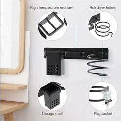 DENUOTOP Sèche-Cheveux Salle De Bain Rangement Porte Accessoires Support Organisateur Ensemble Et Lisseur Accessoire Mural Professionnel En Aluminium Pour,D'étagère Avec Trous Pour Argenté Noir -Wenko || Grohe || HOMCOM Soldes 48410343 5