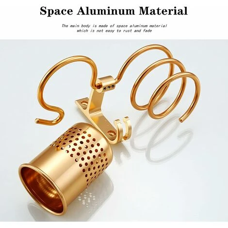 Porte-sèche-cheveux Avec Porte-gobelets Étagère De Soufflage Support Mural En Métal Étagère De Rangement Pour Salle De Bain Or 4 Porte-sèche-cheveux Avec Porte-gobelets Étagère De Soufflage Support Mural En Métal Étagère De Rangement Pour Salle De Bain Or – Image 2