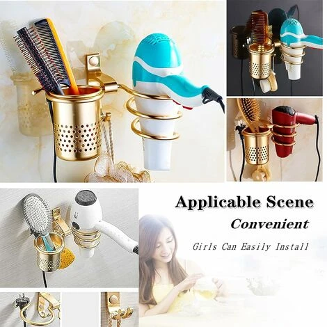 Porte-sèche-cheveux Avec Porte-gobelets Étagère De Soufflage Support Mural En Métal Étagère De Rangement Pour Salle De Bain Or 7 Porte-sèche-cheveux Avec Porte-gobelets Étagère De Soufflage Support Mural En Métal Étagère De Rangement Pour Salle De Bain Or – Image 5