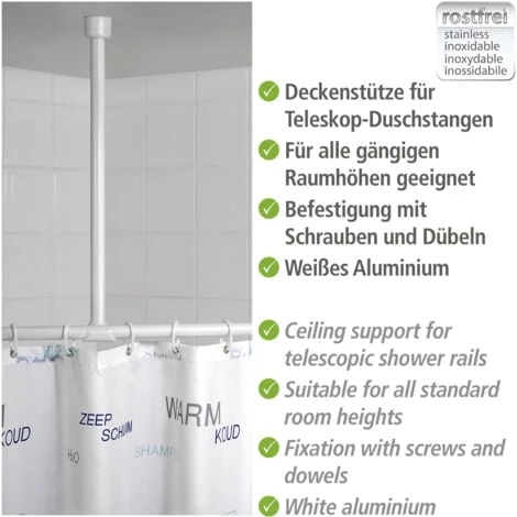 WENKO Support Barre De Douche, Support Plafond Pour Barre De Douche Et De Baignoire, Compatible Barre De Douche Ø 2 / 2,5 Cm, à Percer, Matériel De Fixation Inclus, Aluminium - Plastique, 57 Cm, Blanc 5 WENKO Support Barre De Douche, Support Plafond Pour Barre De Douche Et De Baignoire, Compatible Barre De Douche Ø 2 / 2,5 Cm, à Percer, Matériel De Fixation Inclus, Aluminium - Plastique, 57 Cm, Blanc – Image 3