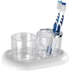 WENKO Porte Brosse à Dent Mural Double, Gobelet Salle De Bain En Plastique Transparent Avec Fixation Murale Plastique, 20x10x12 Cm, Blanc