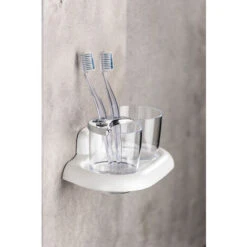 WENKO Porte Brosse à Dent Mural Double, Gobelet Salle De Bain En Plastique Transparent Avec Fixation Murale Plastique, 20x10x12 Cm, Blanc -Wenko || Grohe || HOMCOM Soldes 6578768 4