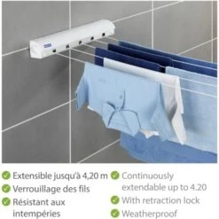 WENKO Séchoir Mural Intérieur Et Extérieur, Etendoir à Linge Extensible Jusqu'à 4.2m, Plastique, 7x7x47,5 Cm, Blanc -Wenko || Grohe || HOMCOM Soldes 6579393 3