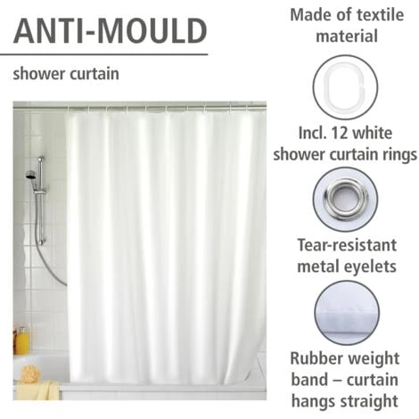 WENKO Rideau De Douche Antimoisissure Blanc, Rideau De Douche 180x200 Cm, Lavable En Machine Et Waterproof, 12 Anneaux Rideau De Douche En Plastique Blanc Inclus, 100% Polyester, 180x200 Cm, Blanc 6 WENKO Rideau De Douche Antimoisissure Blanc, Rideau De Douche 180x200 Cm, Lavable En Machine Et Waterproof, 12 Anneaux Rideau De Douche En Plastique Blanc Inclus, 100% Polyester, 180x200 Cm, Blanc – Image 4
