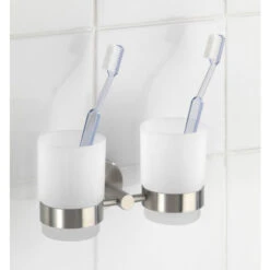 WENKO Porte Brosse à Dent Mural, Gobelet Salle De Bain Double, Duo Bosio, Verre - Fixation Acier Inox, 17,5x9,5x9 Cm, Mat -Wenko || Grohe || HOMCOM Soldes 6580288 3