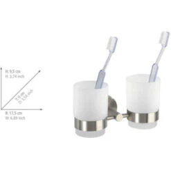 WENKO Porte Brosse à Dent Mural, Gobelet Salle De Bain Double, Duo Bosio, Verre - Fixation Acier Inox, 17,5x9,5x9 Cm, Mat -Wenko || Grohe || HOMCOM Soldes 6580288 4