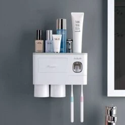 Kit Distributeur Automatique De Dentifrice Avec Porte-brosse à Dents Mural, 6 Emplacements Pour Brosse à Dents Avec Couvercle Anti-poussière, 2 Tasses Magnétiques Et Tiroir Organisateur De Cosmétiques