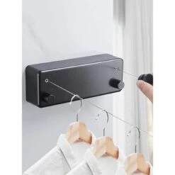 Corde à Linge Rétractable Exterieur 2 Fils Corde A Linge Retractable Interieur Réglable Corde Seche Linge Retractable Fil Etendoir Retractable 4.2m Fil A Linge Retrable (Noir) Cisea