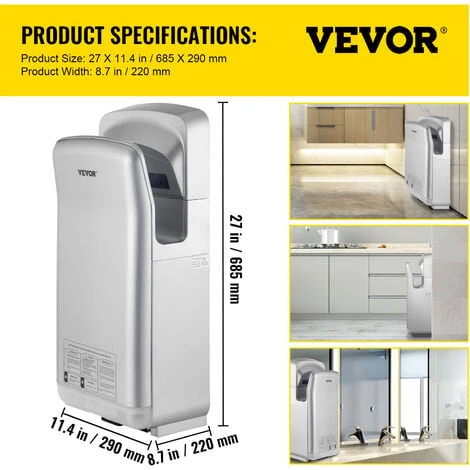 VEVOR Sèche-Mains Automatique à Air Pulsé 2000W ABS Grande Vitesse HEPA Argent 4 VEVOR Sèche-Mains Automatique à Air Pulsé 2000W ABS Grande Vitesse HEPA Argent – Image 2