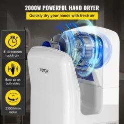 VEVOR Seche-Mains Automatique 2000W Seche Main Air Pulse Electrique Commercial ABS Super Puissant Filtration HEPA 43°C Moteur A Balais Carbone Pour Secher Sechage Mains Toilettes 290x220x685 Mm Blanc -Wenko || Grohe || HOMCOM Soldes 69342600 3
