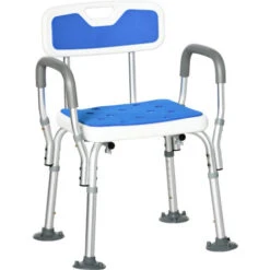 HOMCOM Chaise De Douche Siège De Douche Ergonomique Hauteur Réglable Pieds Antidérapants Charge Max. 136 Kg Alu HDPE Blanc Bleu