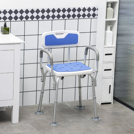 HOMCOM Chaise De Douche Siège De Douche Ergonomique Hauteur Réglable Pieds Antidérapants Charge Max. 136 Kg Alu HDPE Blanc Bleu 3 HOMCOM Chaise De Douche Siège De Douche Ergonomique Hauteur Réglable Pieds Antidérapants Charge Max. 136 Kg Alu HDPE Blanc Bleu – Image 2