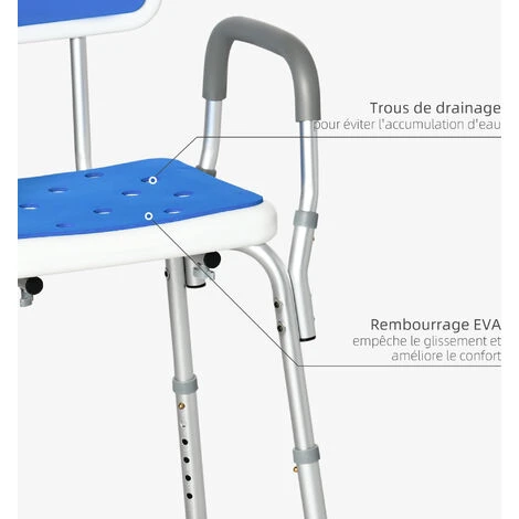 HOMCOM Chaise De Douche Siège De Douche Ergonomique Hauteur Réglable Pieds Antidérapants Charge Max. 136 Kg Alu HDPE Blanc Bleu 5 HOMCOM Chaise De Douche Siège De Douche Ergonomique Hauteur Réglable Pieds Antidérapants Charge Max. 136 Kg Alu HDPE Blanc Bleu – Image 4