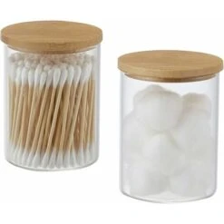 Lot De 2 Bocaux En Verre Avec Couvercles En Bambou, Tampon Rond En Coton Pour Organisateur De Rangement D'accessoires De Salle De Bain, Décor De Salle De Bain De Ferme, Décor De Salle De Bain.