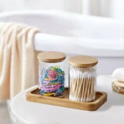 Lot De 2 Bocaux En Verre Avec Couvercles En Bambou, Tampon Rond En Coton Pour Organisateur De Rangement D'accessoires De Salle De Bain, Décor De Salle De Bain De Ferme, Décor De Salle De Bain. -Wenko || Grohe || HOMCOM Soldes 75667398 3