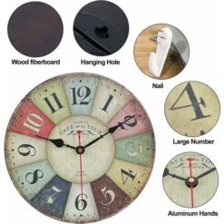 Horloge Murale Vintage Rétro - Horloge Industrielle Design Silencieuse Pendule Murale Bois Moderne Pour La Chambre Cuisine Salle De Bain Bureau Hôtel Argenté -Wenko || Grohe || HOMCOM Soldes 76978531 5