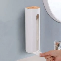 Distributeur De Tampons De Coton, Support De Tampons Démaquillants, Boîte De Rangement En Plastique De Coton De Démaquillant De Couvercle En Bois Fixé Au Mur De Salle De Bains Sans Trace