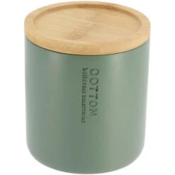 TENDANCE - Boite à Coton Et Cotons-tiges Vert Kaki Avec Couvercle En Bambou