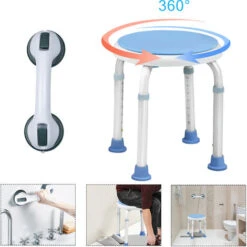 AUFUN Tabouret De Douche Avec Poignée En Alu Et Plastique, Hauteur Réglable 37-53 Cm, Chaise De Douche Pivotante à 360 ° Pour Douche Antidérapante