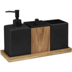 Set De 3 Accessoires Salle De Bain En Acacia Noir L. 19.6 X P. 10.5 X H. 27.4 Cm