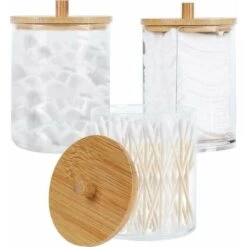 Porte Coton Tige, Distributeur Coton, 3 Pièce Boite A Coton,avec Couvercle En Bois, étanche à La Poussière Et à Lhumidité, Pour Salon, Chambre Coucher, Salle De Bain,Starlight