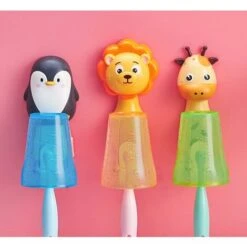 3pcs Gobelet à Dents, Avec Porte-Brosse à Dents Pour Enfants Motif Animaux De Dessin Animé Pour Salle De Bain Verre Pour Brosse à Dents Dentifrice