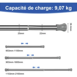 Meykoers Tringle à Rideau De Douche En Acier Inoxydable 70-110cm, Sans Perçage Télescopique Barre De Douche, Avec 12 Anneaux De Rideaux De Douche -Wenko || Grohe || HOMCOM Soldes 92910347 5