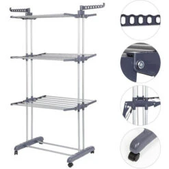 Étendoir Séchoir à Linge, 3 Niveaux Grande Sechoir A Linge Pliable Avec Roues, Pour Intérieur Et Extérieur, Gris -Wenko || Grohe || HOMCOM Soldes 94126676 4