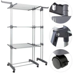 Étendoir Linge Intérieur Sur 3 Niveau, Séchoir à Linge Extensible Réglable, Etendage à Linge Avec Ailes (75-142.5)X64X170cm -Wenko || Grohe || HOMCOM Soldes 96012756 4